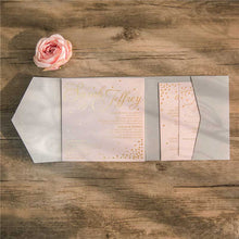 angle square tri-fold pocket grey open pink invitation