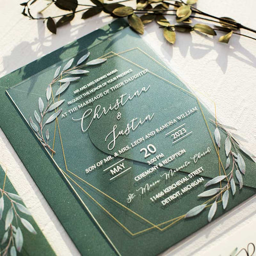 acrylic wedding invitation geometric botanical leaves side