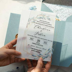 acrylic wedding invitation geometric botanical leaves blue pocket