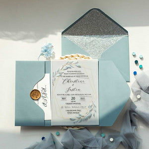 acrylic wedding invitation geometric botanical leaves blue pocket suite