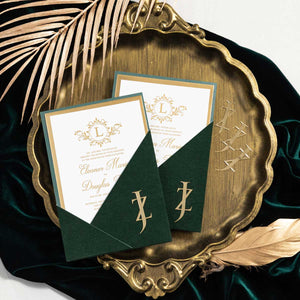 gold acrylic mirror intials wedding invitation