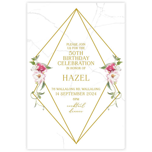 beautiful pink and white watercolour floral designed birthday invitation with a geometric gold border.