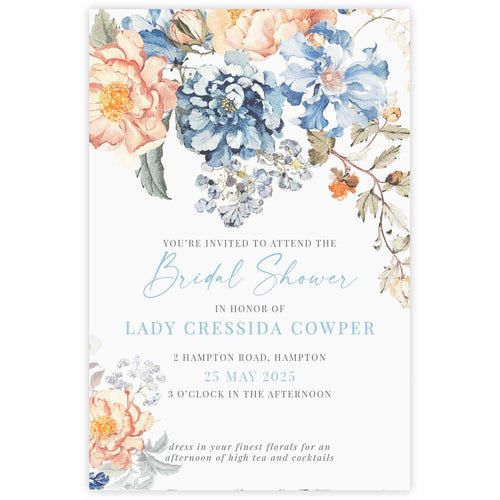 bridgeton insppired bridal shower invitation with peach and blue floral bouquet