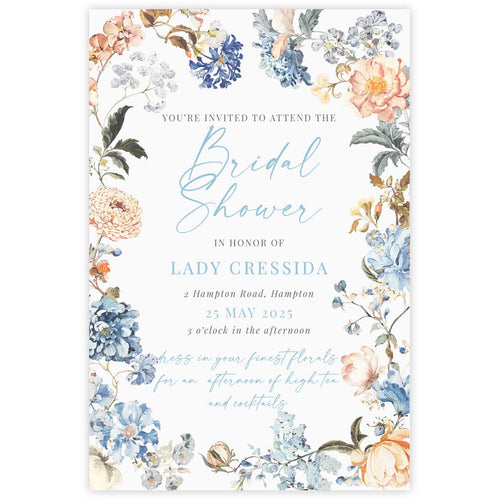 bridgeton insppired bridal shower invitation with peach and blue florals in a frame