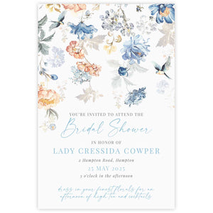 bridgeton insppired bridal shower invitation with peach and blue floral pattern