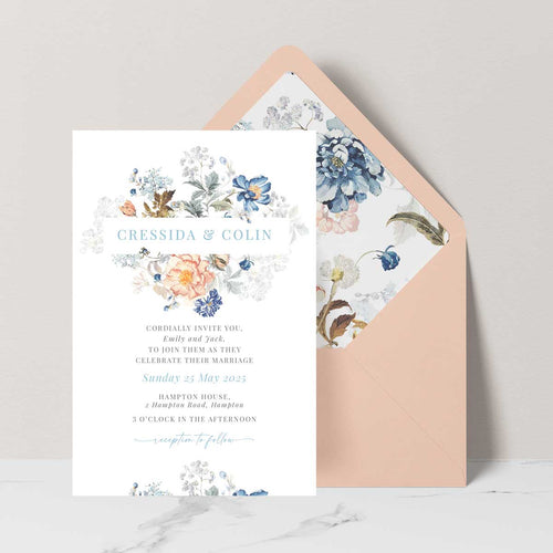 bridgeton lake vintage inspired floral banner wedding invitation with cream envelope and liner