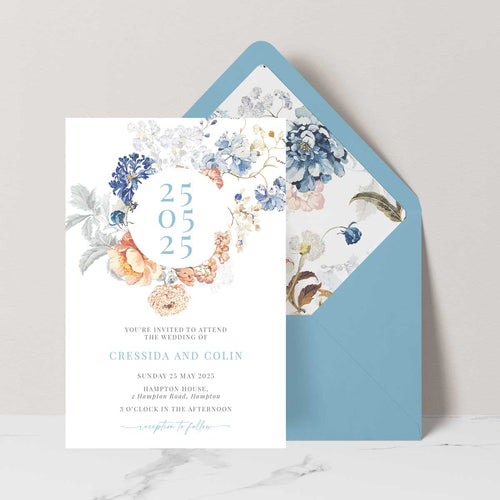 bridgeton lake vintage inspired floral banner wedding invitation suite with date with blue envelope and liner