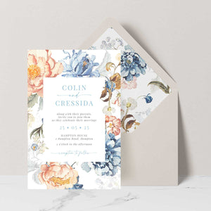 bridgeton lake vintage inspired floral banner wedding invitation suite with cream envelope and liner