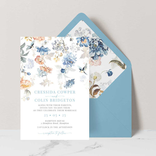bridgeton lake vintage inspired floral pattern wedding invitation suite with blue envelope and liner