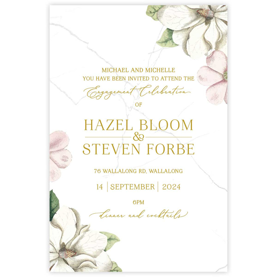 Beautiful watercolour floral designed engagement invitation with white and pink flowers