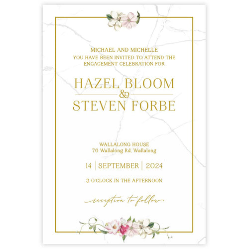 Beautiful watercolour floral designed engagement invitation with white and pink flowers with gold border nude envelope