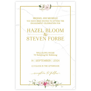 Beautiful watercolour floral designed engagement invitation with white and pink flowers with gold border nude envelope