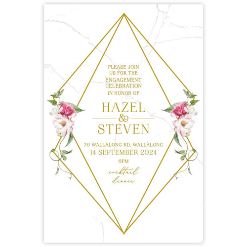 Beautiful watercolour floral designed engagement invitation with white and pink flowers in a geometric gold border.