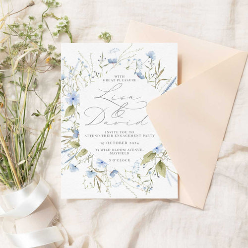 wild blooms blue engagement invitation cream envelope