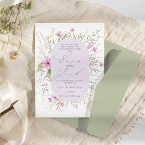 wild blooms pink engagement invitation green envelope