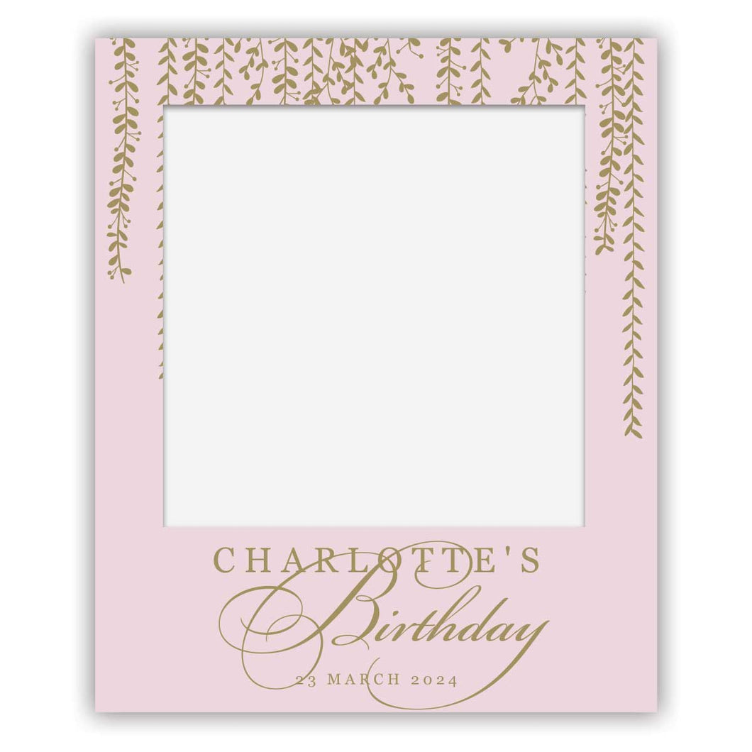 polaroid selfie sign - birthday - cascading vines in gold and pink