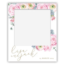 polaroid selfie sign wedding engagement - pink peonie gold flowers