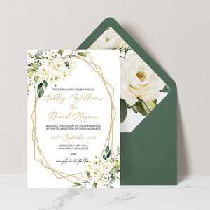 clear acrylic wedding invitation with geometric border and white roses green envelope