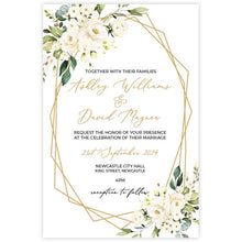 clear acrylic wedding invitation with geometric border and white roses artwork