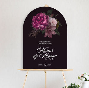 arch wedding welcome sign featuring burgundy and pink peonie roses