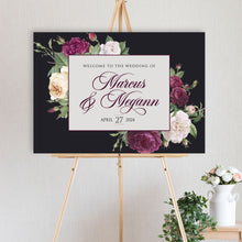 landscape wedding welcome sign featuring burgundy and pink peonie roses