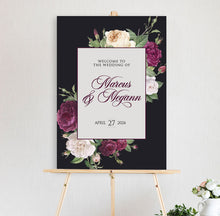 portrait wedding welcome sign featuring burgundy and pink peonie roses