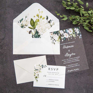 clear acrylic wedding invitation white flowers white envelope liner