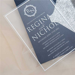 clear acrylic white wedding invitation monogram navy envelope silver glitter liner