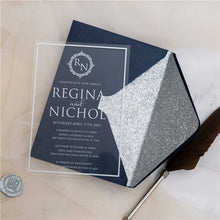 clear acrylic white wedding invitation monogram navy envelope silver glitter liner