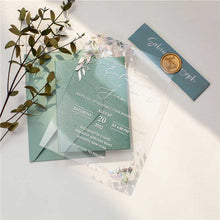 clear acrylic wedding invitation watercolour leaves green envelope wax seal