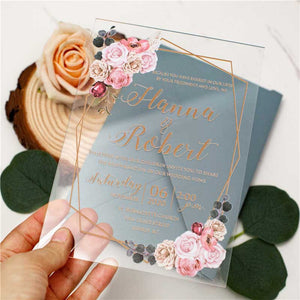 clear acrylic wedding invitation white rose geometric border blue envelope hand