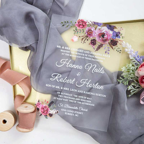 clear acrylic wedding invitation boho pink flowers