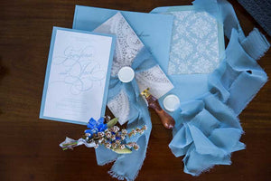 vintage blue laser-cut wedding invitation suite