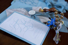 blue vintage swirl wedding invitation
