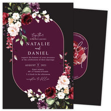black and mulberry floral wedding invitation 2 sides