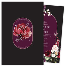 black and mulberry floral wedding invitation 2 sides