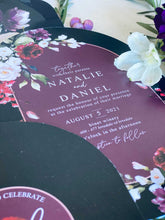 black and mulberry floral wedding invitation
