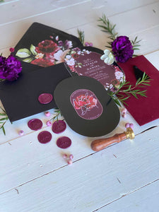 black and mulberry floral wedding invitation suite