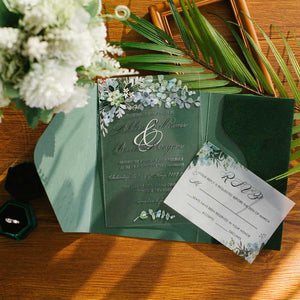 curved velvet pocket invitation emerald green