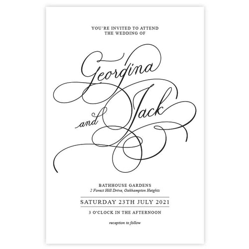 black and white vintage swirl wedding invitation
