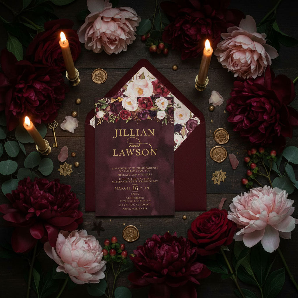 Moody romantic wedding invitation with burgundy peonie flowers