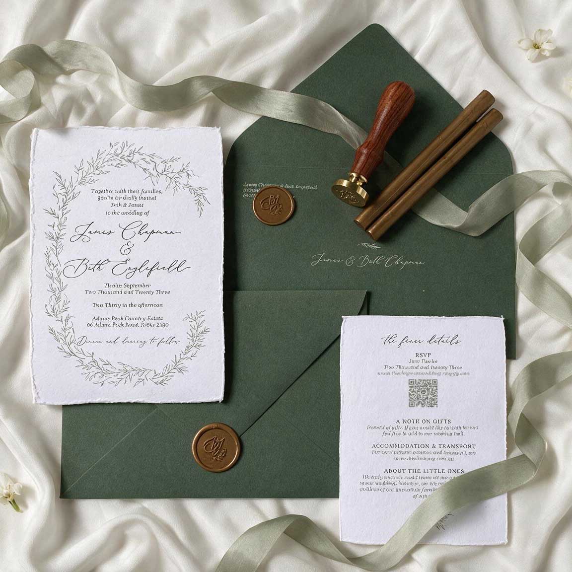 botanical leaf design wedding invitation suite on handdmade deckle edge paper with green envelopes and wax seal