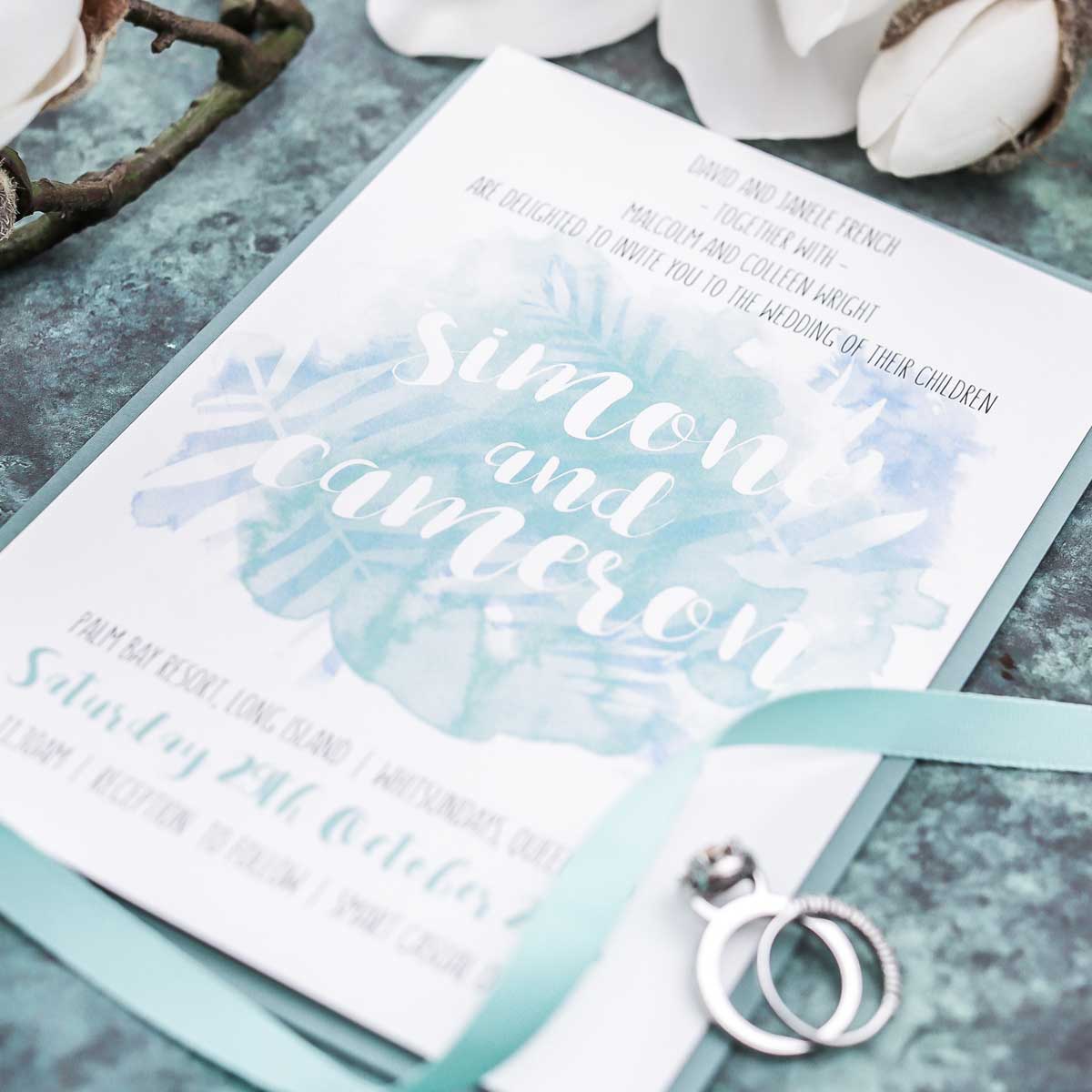 aqua wedding invitations palm leaves