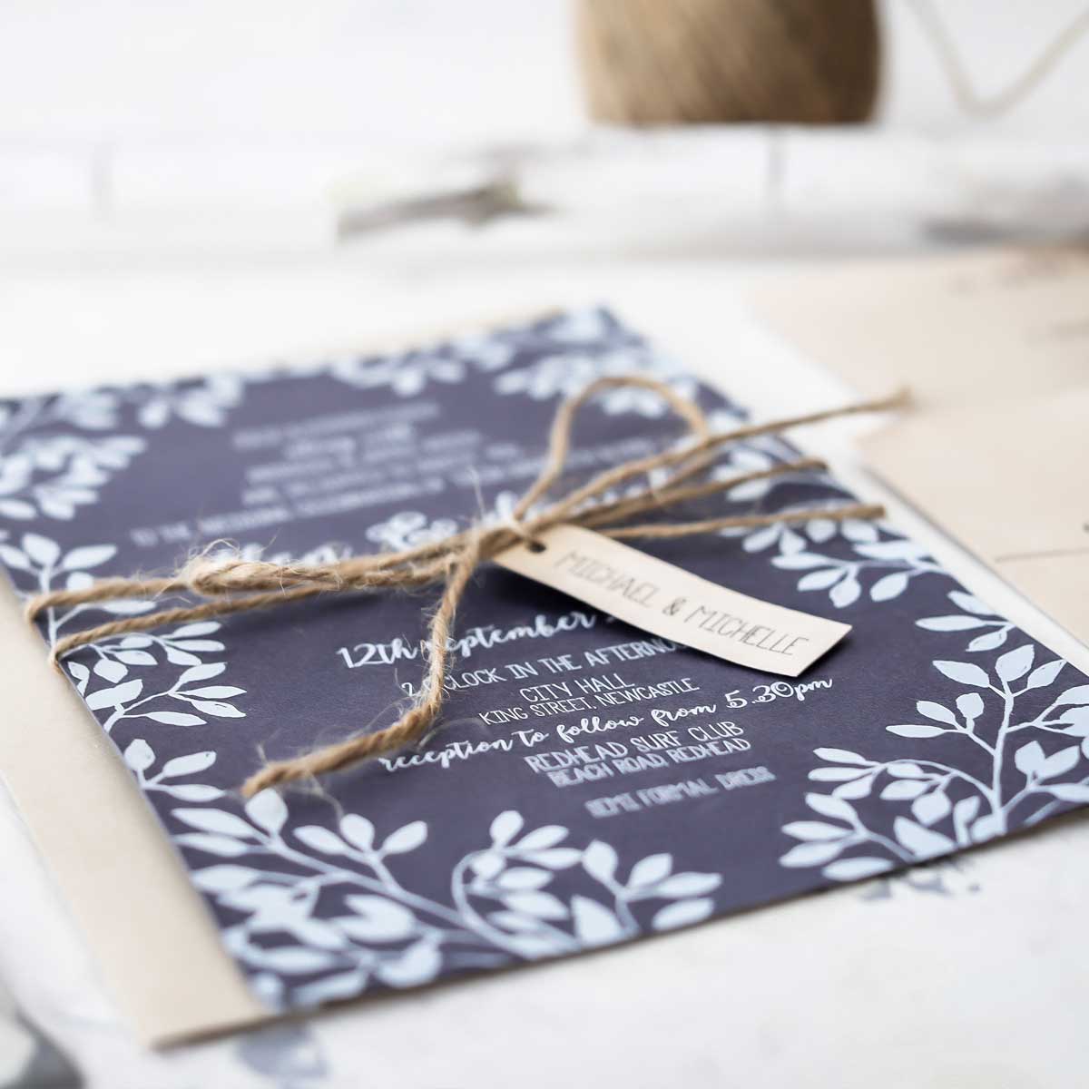 navy and white ink wedding invitations