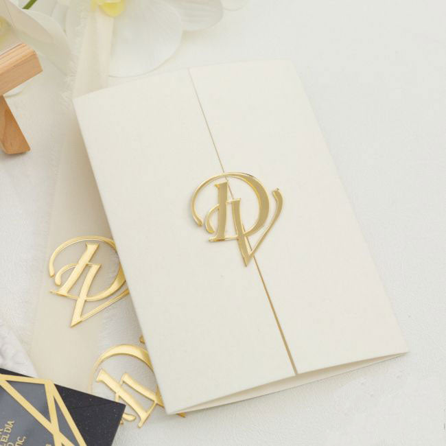 gold acrylic mirror intials wedding invitation