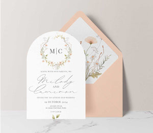wild blooms wedding invitation peach arch diecut