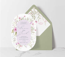 wild blooms pink double arch wedding invitation green envelope