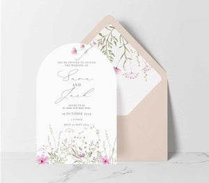 wild blooms pink arch diecut wedding invitation