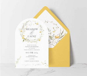 wild blooms yellow arch diecut wedding invitation yellow envelope