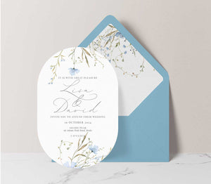 wild blooms arch wedding invitation blue euro envelope
